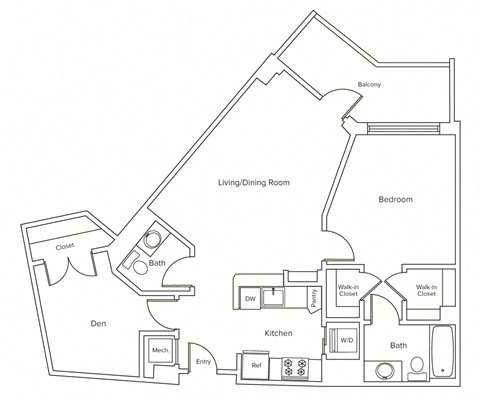 Floor plan for 1 bed, 1.5 baths, 838 sqft